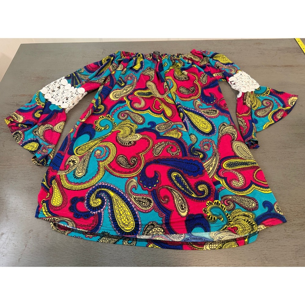 WinWin Pinwheel Sleeve Tunic Paisley Off Shoulder Crochet Lace Bell Sleeve L-XL